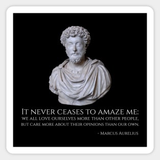 It never ceases to amaze me: we all love ourselves more than other people, but care more about their opinions than our own. - Marcus Aurelius Sticker